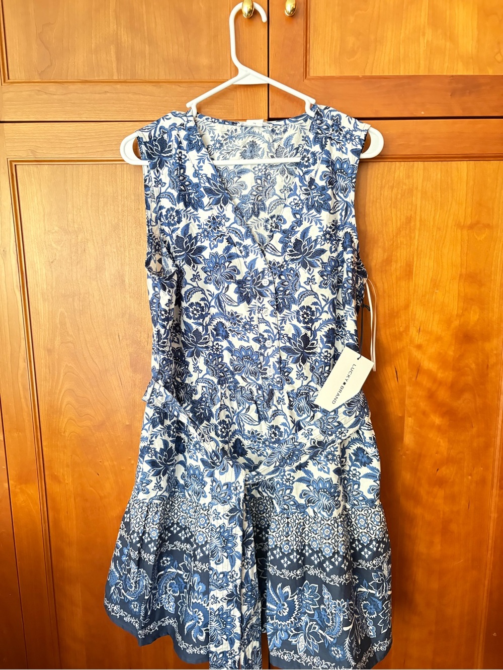 Lucky Brand Sleeveless Blue Floral Cotton Dress - Classic Navy & White